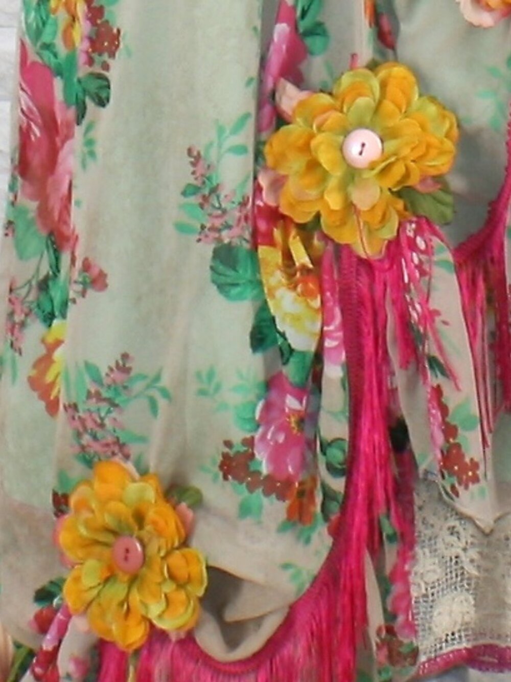HAND CRAFTED Overalls Denim Jean Dress Upcycled Retro Boho Floral Pink Large - Picture 4 of 16